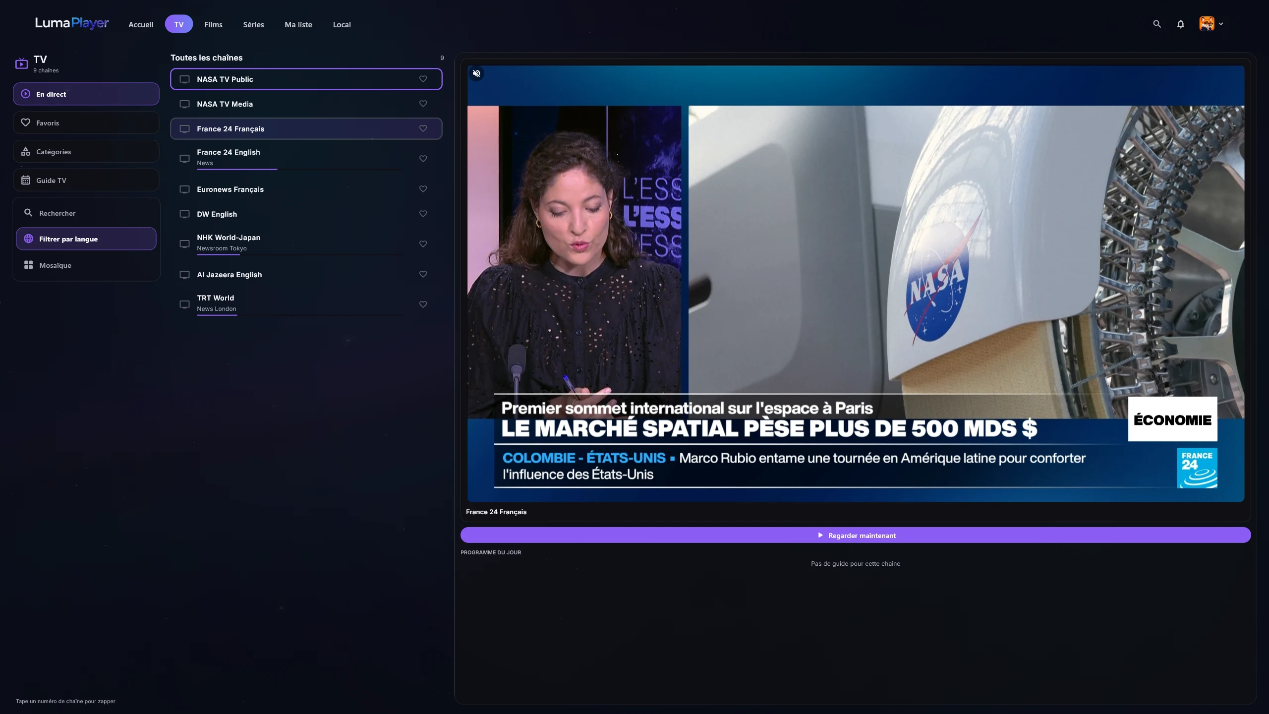 Chaînes et aperçu du direct dans Luma