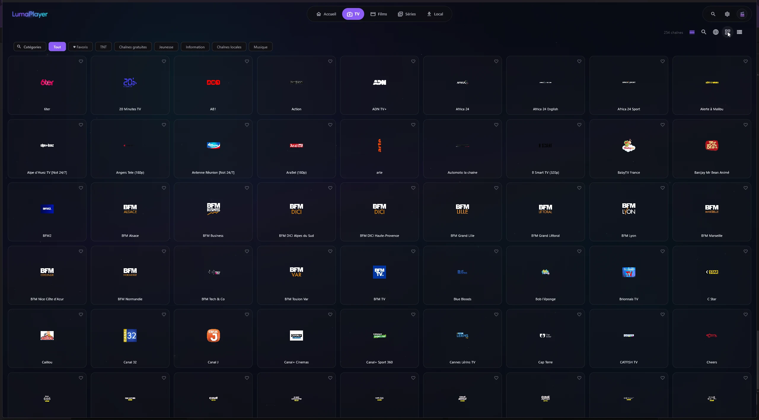 Capture réelle du mode TV de Luma Player avec une playlist publique de démonstration
